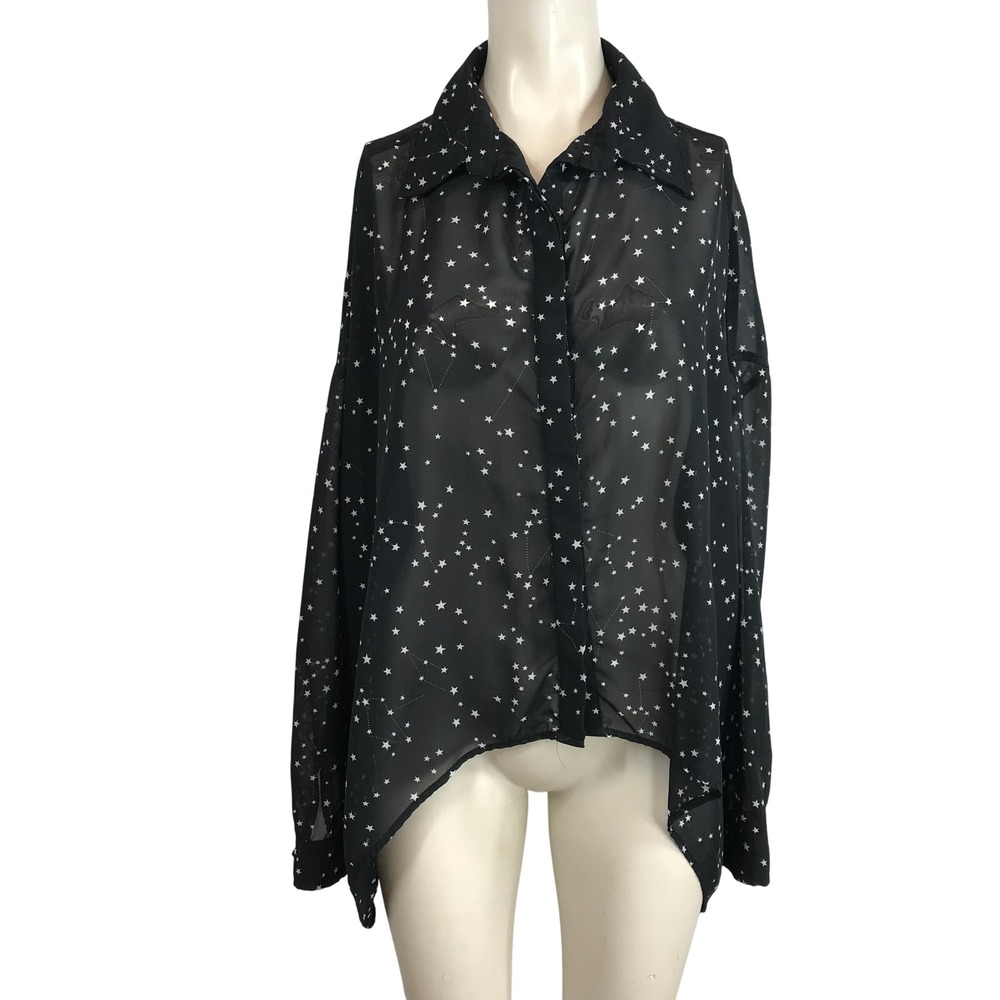Sheer Star Print Button-Up Blouse - Black